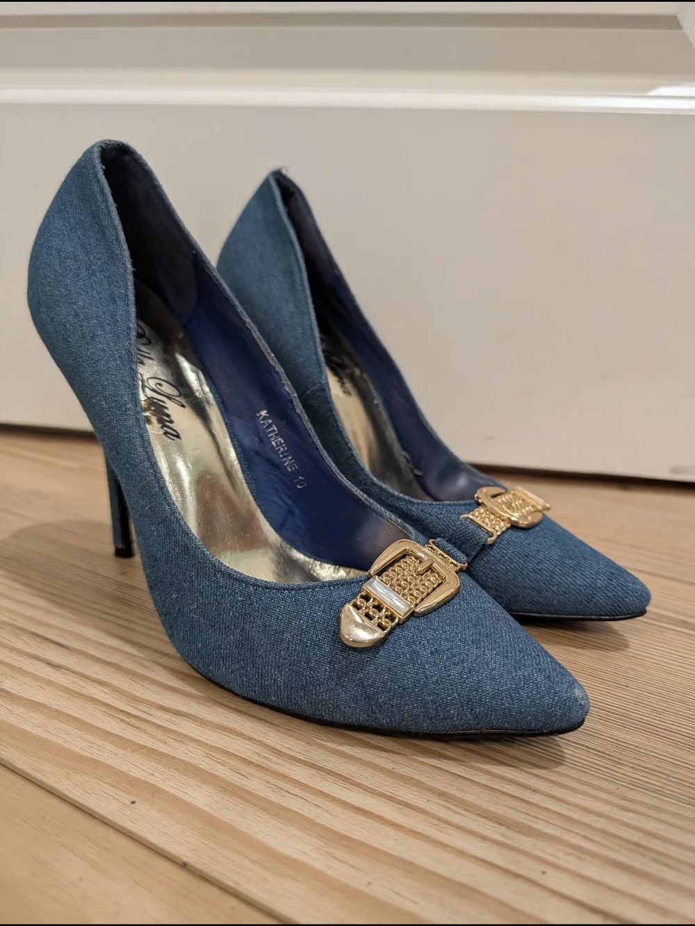 Denim Pointed Toe High Heels with Gold Buckle
